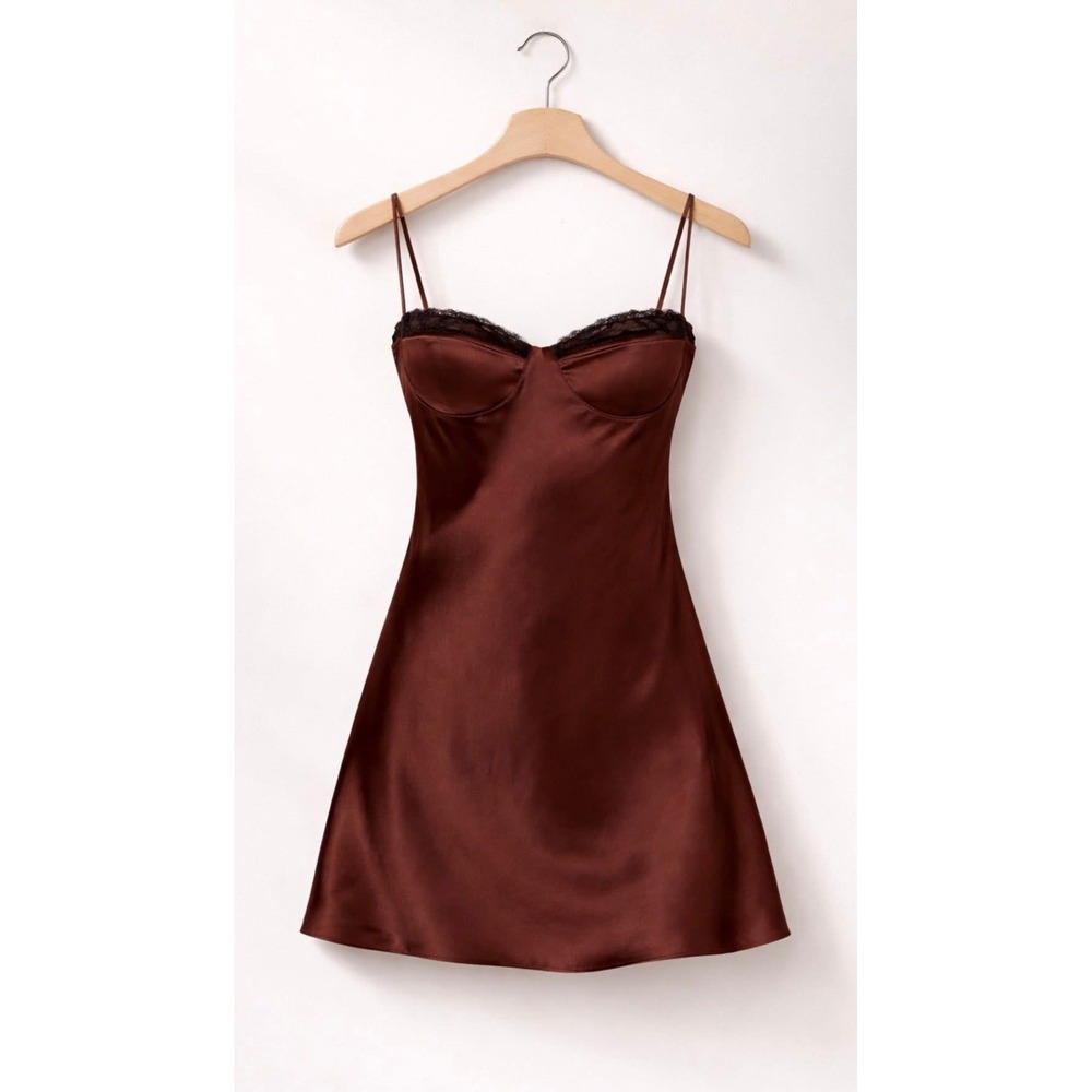 SENI & CADE Brown Satin Bustier Slip Dress Lace Trim Mini Large NEW
